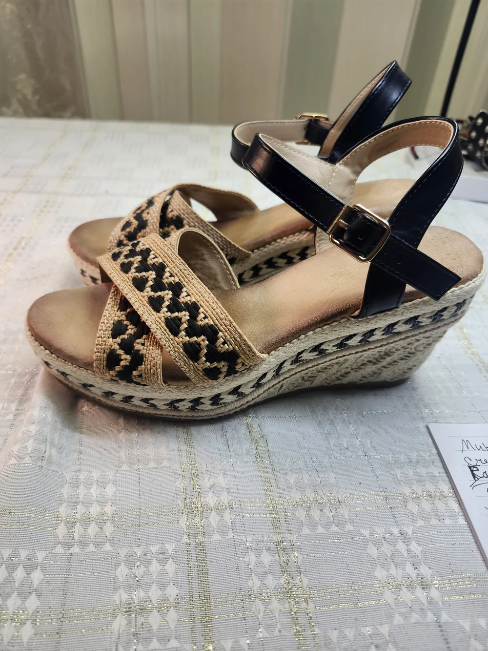 Braided Espadrille Wedge Sandals - Black and Natural